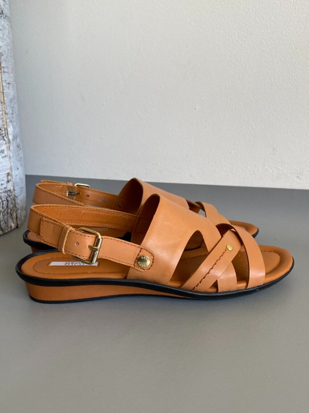 Goex Respira Cognac Tan Leather Strappy Sandals Supportive Low Wege Sz 9.5